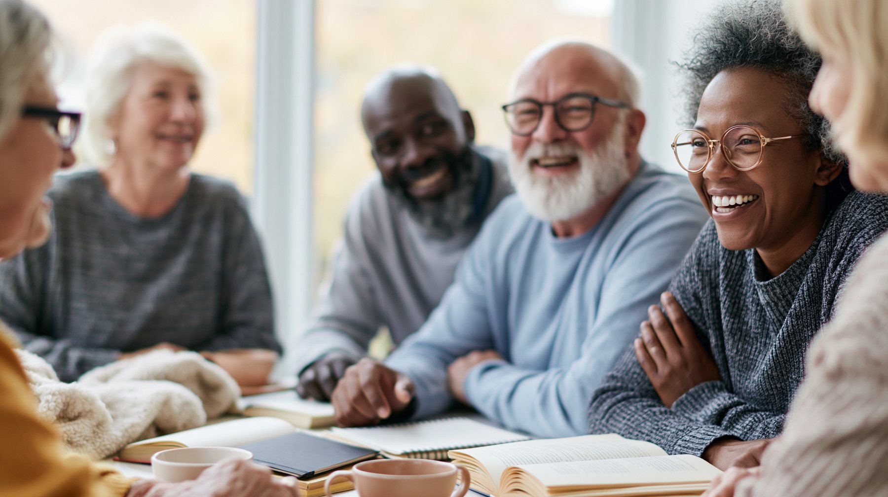 Een groep vrolijke senioren praat en lacht samen aan tafel
